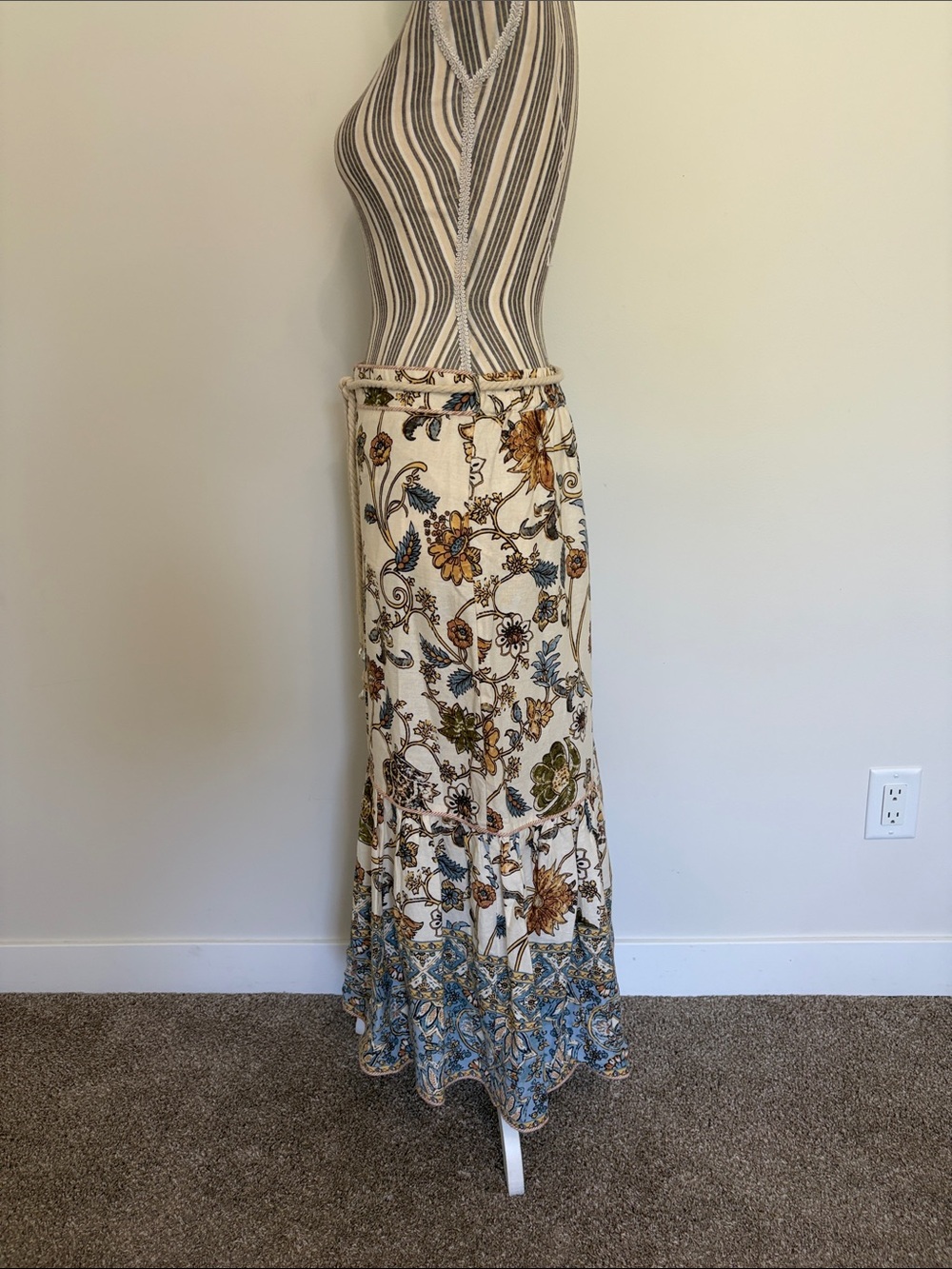 Calypso- Floral Tiered Maxi Skirt in Cream with Blue and Brown Accents - Picture 5 of 12